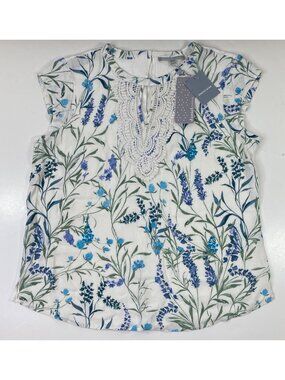 Daniel Rainn Womens Blouse Floral Pattern White Blue Green Lace Trim Size L